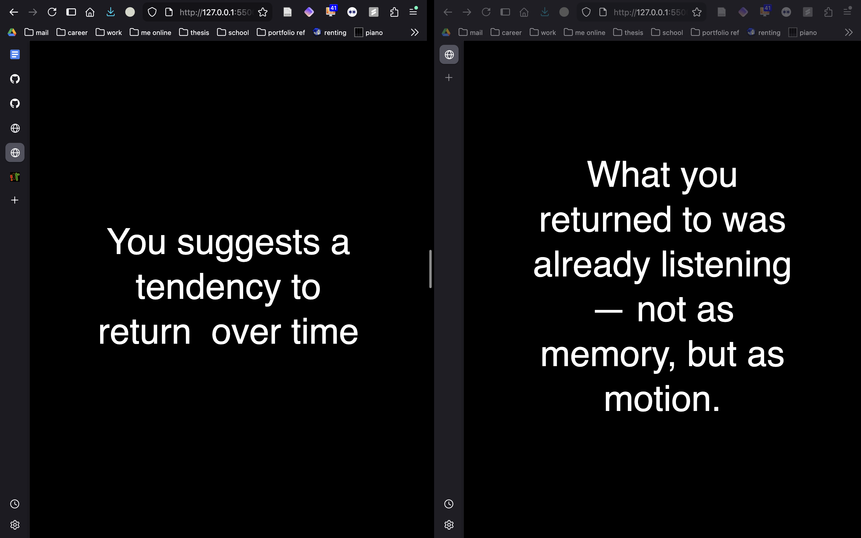 screenshot of my two-screen generative poetry experiments